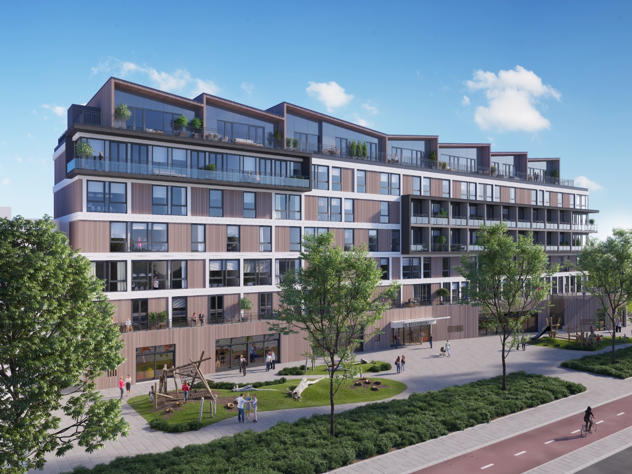 Een gebouw van hoe het eruiteindelijk uit zal gaan zien. Foto met blauwe lucht en 4 bomen ervoor en allemaal spelende mensen.